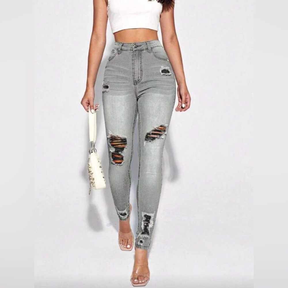 SHEIN High Rise Gray Distressed Jeans - Picture 1 of 5